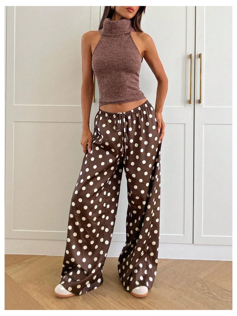 MakeMeChic Women's Summer Satin Silk Pants Casual Flowy Pants Beach Vacation Wide Leg Pants Brown Polka Dots Large - Image 5
