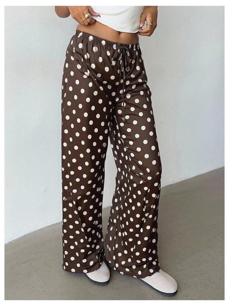 MakeMeChic Women's Summer Satin Silk Pants Casual Flowy Pants Beach Vacation Wide Leg Pants Brown Polka Dots Large - Image 2