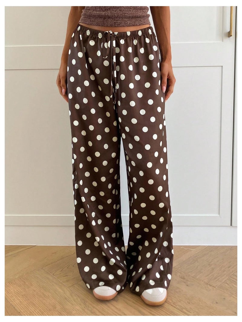 MakeMeChic Women's Summer Satin Silk Pants Casual Flowy Pants Beach Vacation Wide Leg Pants Brown Polka Dots Large - Image 4