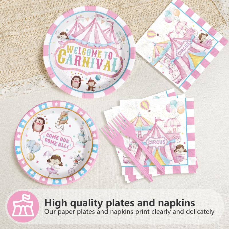 Grencian 96Pcs Pink Circus Party Supplies Welcome to Carnival Plates and Napkins Tableware Sets Circus Carnival Pink and White Stripes Disposable Decoration for Girls Birthday Festive Themed Serve 24 - Image 4