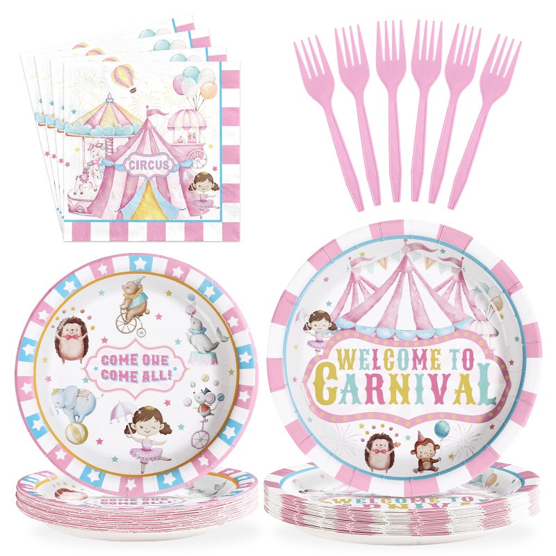 Grencian 96Pcs Pink Circus Party Supplies Welcome to Carnival Plates and Napkins Tableware Sets Circus Carnival Pink and White Stripes Disposable Decoration for Girls Birthday Festive Themed Serve 24 - Image 1