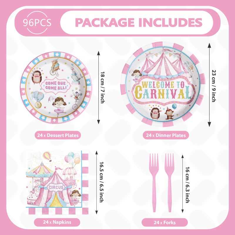 Grencian 96Pcs Pink Circus Party Supplies Welcome to Carnival Plates and Napkins Tableware Sets Circus Carnival Pink and White Stripes Disposable Decoration for Girls Birthday Festive Themed Serve 24 - Image 2