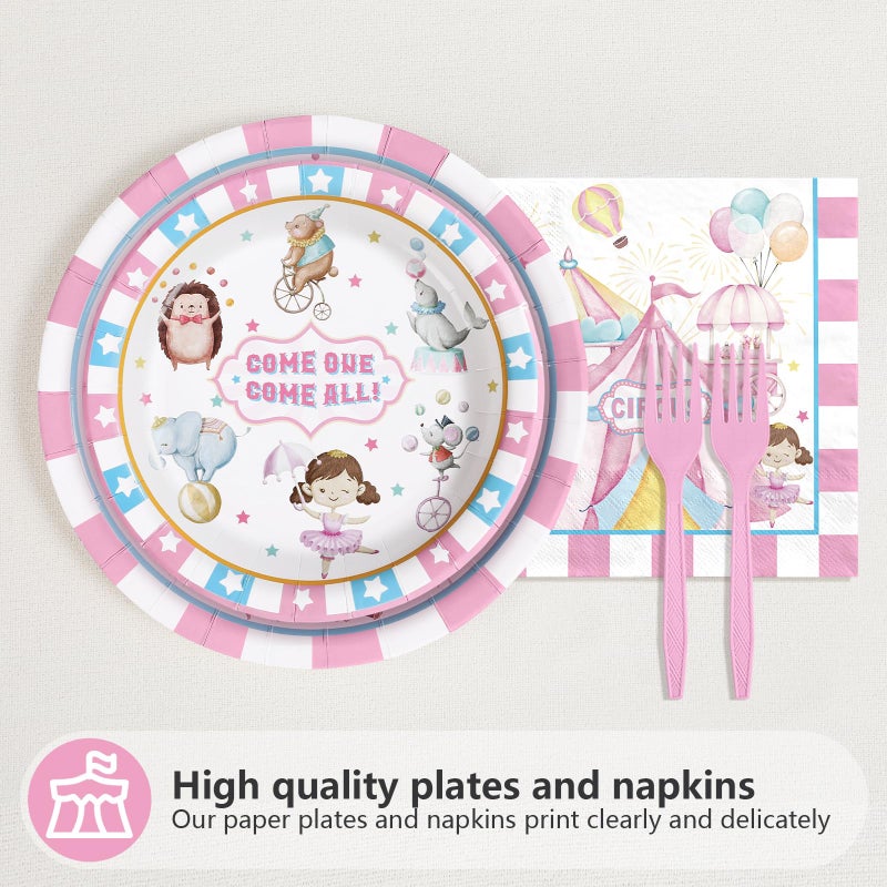 Grencian 96Pcs Pink Circus Party Supplies Welcome to Carnival Plates and Napkins Tableware Sets Circus Carnival Pink and White Stripes Disposable Decoration for Girls Birthday Festive Themed Serve 24 - Image 3