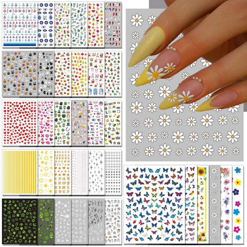 winthrop 36 Sheets All Holiday Nail Art Stickers, Mixed Season Nail Decals Set for All Year, Spring Summer 3D Self-Adhesive Colorful Pegatinas UÃ±as Daisy Butterfly 4th of July Halloween Christmas - Image 1