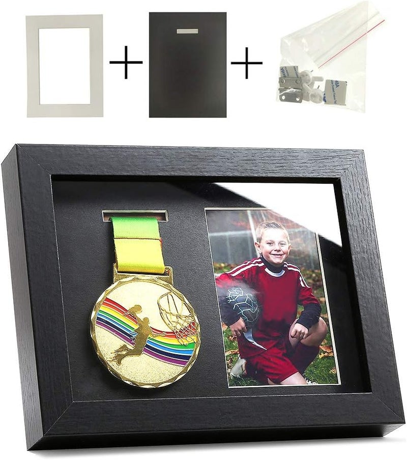 IHEIPYE Medal Display Shadow Box  Single Medal Case  Perfect for Runners Marathon Race Winner Soccer Football Gymnastics  All Sports Black 6x8
