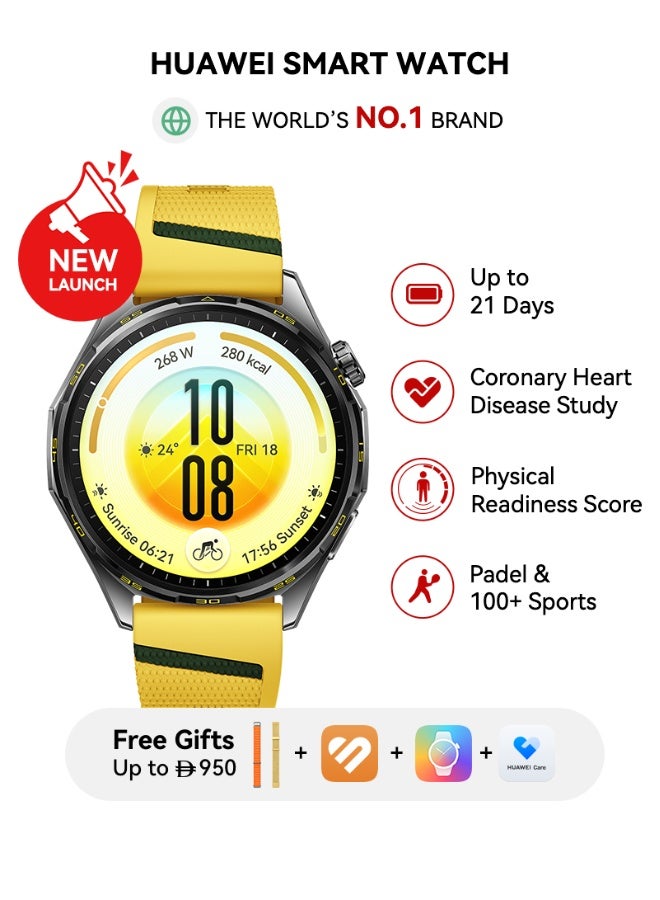 HUAWEI WATCH GT7 46mm Smart Watch, Upto 21 Days of Battery Life, Compatible with iOS & Android, ECG, Heart Rate Monitoring, 100+ Sports Modes, Physical Readiness Score With Free 2 Extra Straps yellow - Image 1