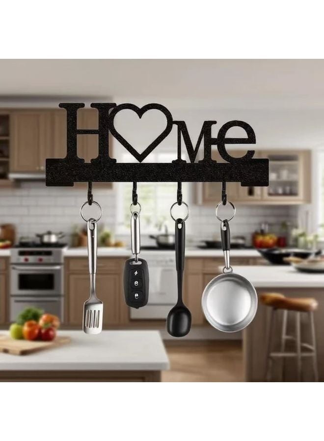 Black Heart Shaped Wall Mounted Key Holder With HOME Sign And Utensil Hooks - Image 1
