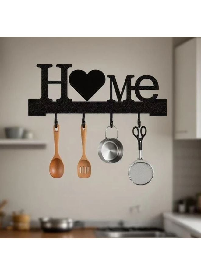 Black Heart Shaped Wall Mounted Key Holder With HOME Sign And Utensil Hooks - Image 3