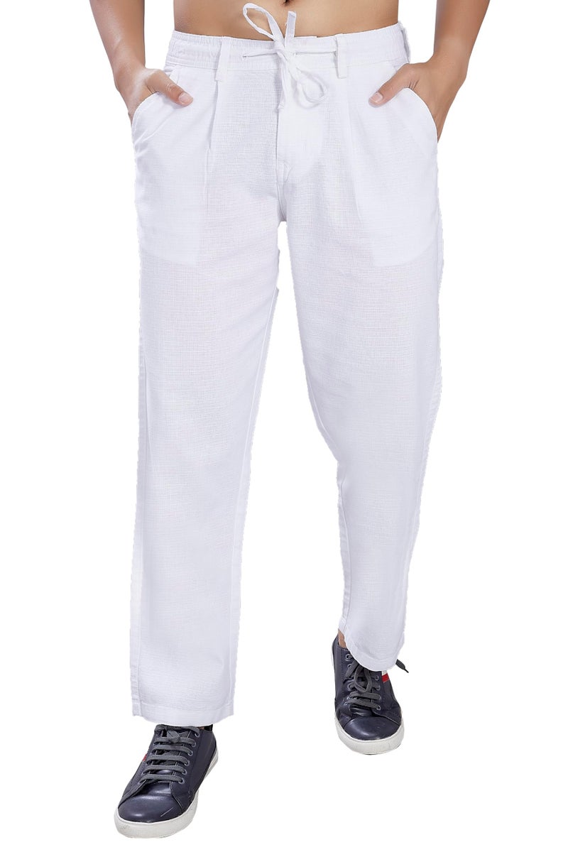 DIVISIVE Men's Relaxed Fit Front Pleated Cotton Linen Blend Trousers (DPT31_36_White) - Image 1