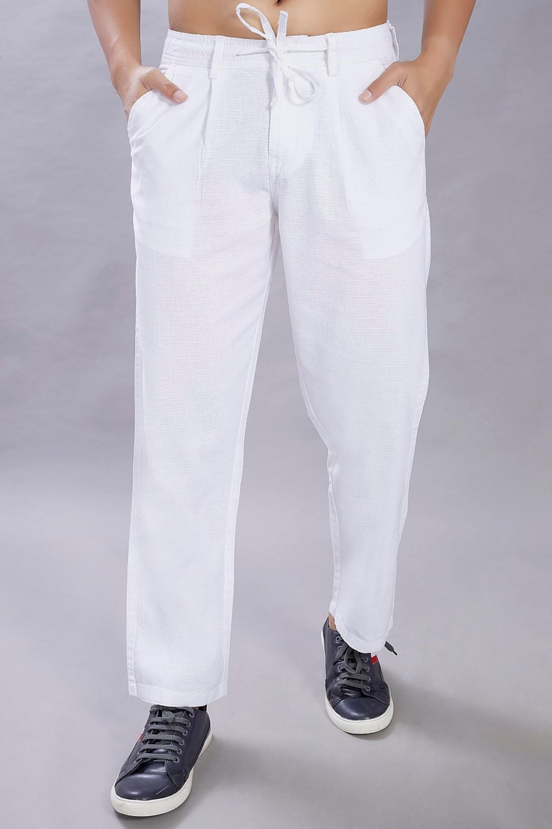 DIVISIVE Men's Relaxed Fit Front Pleated Cotton Linen Blend Trousers (DPT31_36_White) - Image 3