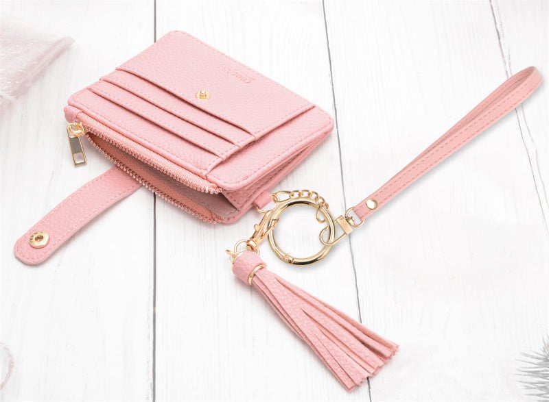 COOLANS Wristlet Bracelet Keychain Card Holder Card Pocket PU Leather Purse Tassel Keychain Bangle Key Ring for Women Girls (Purse 04 Pink) - Image 4