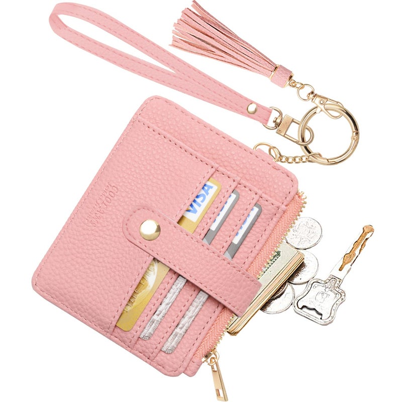 COOLANS Wristlet Bracelet Keychain Card Holder Card Pocket PU Leather Purse Tassel Keychain Bangle Key Ring for Women Girls (Purse 04 Pink) - Image 1