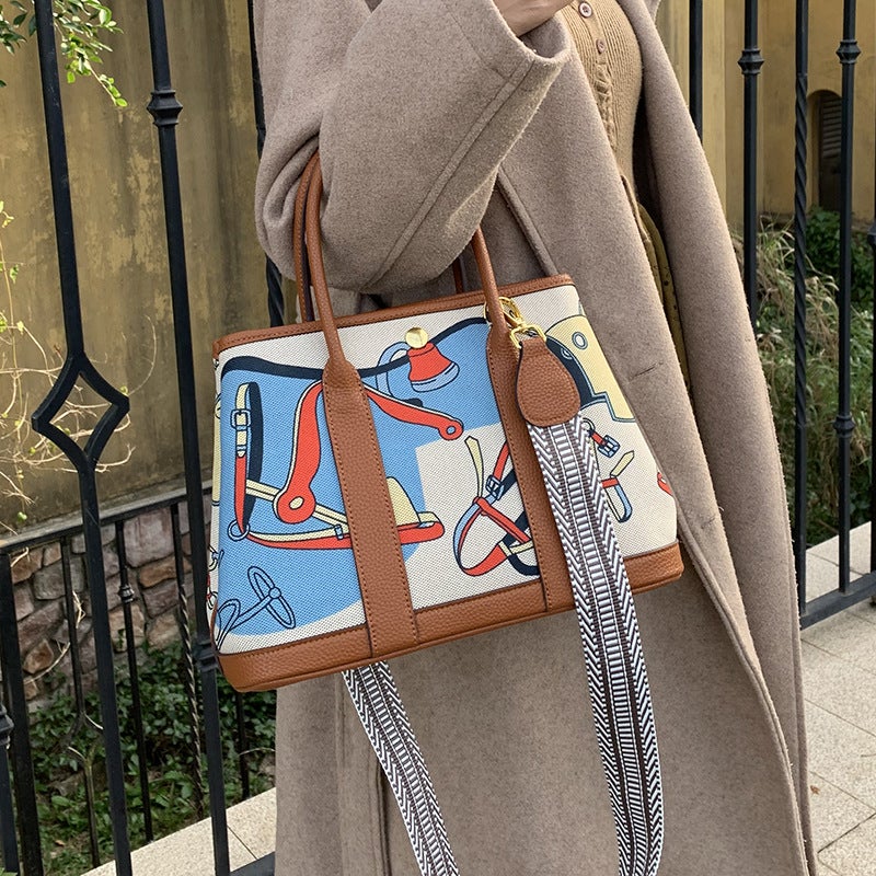Graffiti Painted Canvas Patchwork Cowhide Bag 2024 New Arrival Garden Handbag Large Capacity Leather Contrast Color Tote Bag Brown 