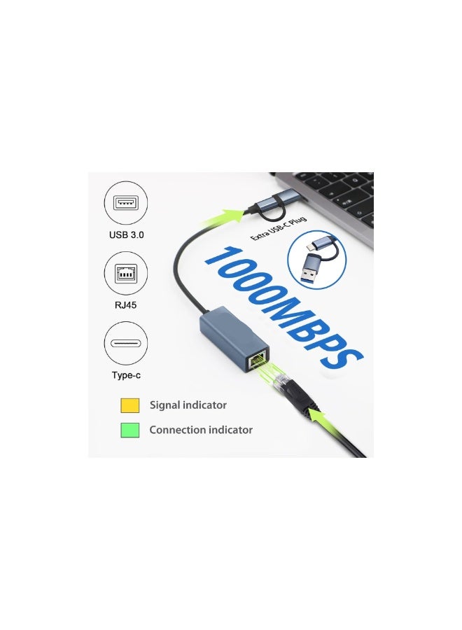محول USB 3.0 وUSB-C إلى إيثرنت – شبكة سلكية RJ45 بسرعة 10/100/1000 ميجابت – متوافق مع ويندوز، ماك، لينكس - Image 2