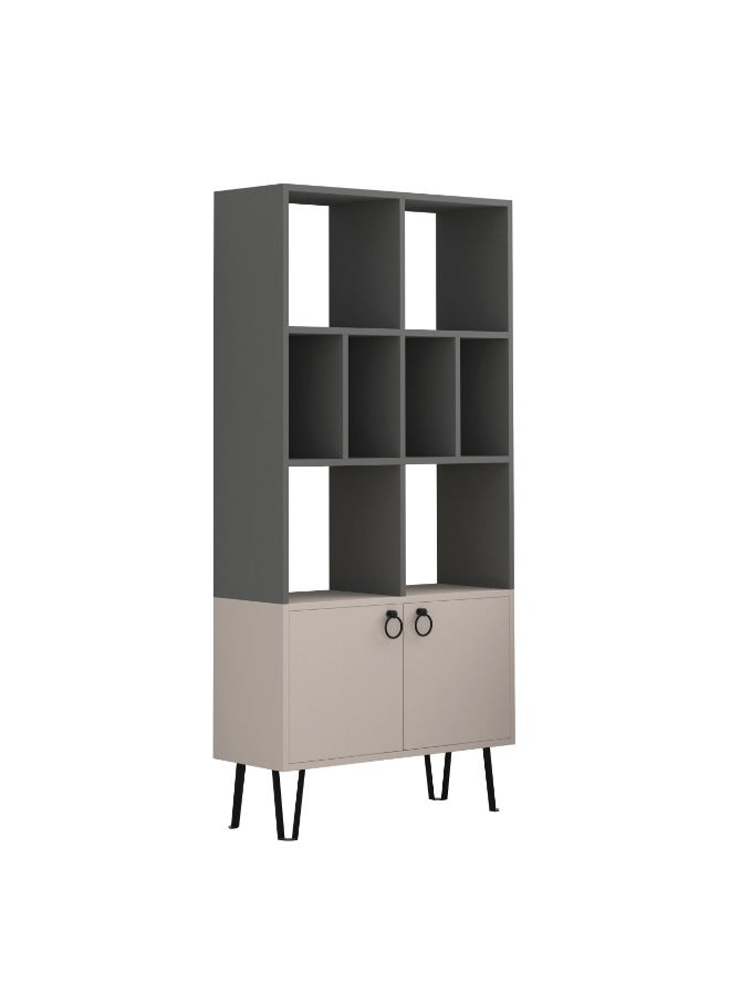 Mourah Home Bene Bookcase Modern Book Shelf Cabinet 2 Tier With 2 Door Multi Storage Bookshelf Rack With Metal Legs Display Cabinet  30.0 X 166.0 X 80.0Cm Dark Grey/Light Mocha - Image 2