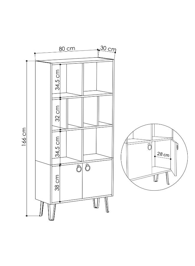 Mourah Home Bene Bookcase Modern Book Shelf Cabinet 2 Tier With 2 Door Multi Storage Bookshelf Rack With Metal Legs Display Cabinet  30.0 X 166.0 X 80.0Cm Dark Grey/Light Mocha - Image 4