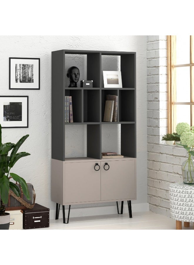 Mourah Home Bene Bookcase Modern Book Shelf Cabinet 2 Tier With 2 Door Multi Storage Bookshelf Rack With Metal Legs Display Cabinet  30.0 X 166.0 X 80.0Cm Dark Grey/Light Mocha - Image 1