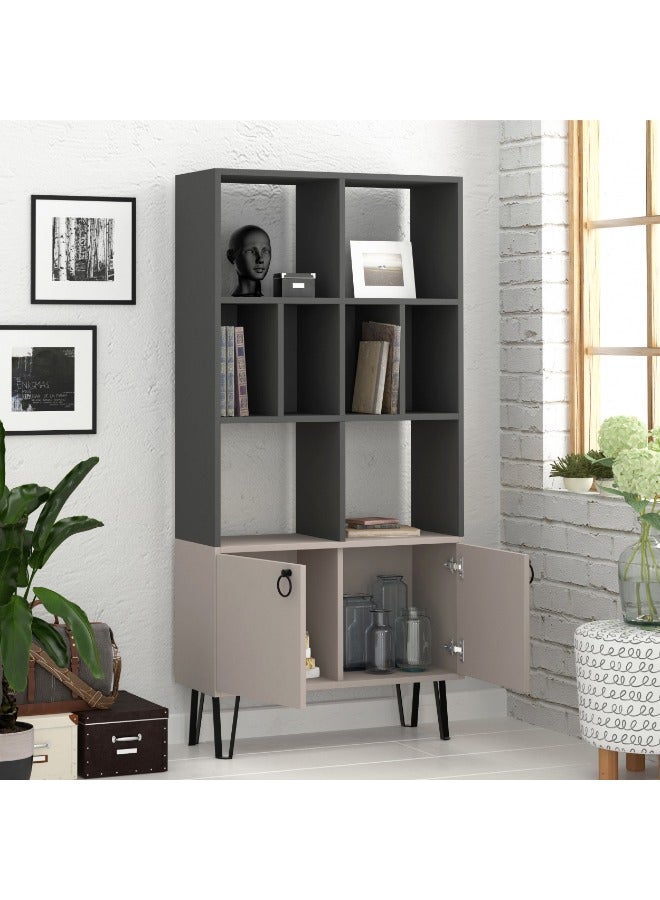 Mourah Home Bene Bookcase Modern Book Shelf Cabinet 2 Tier With 2 Door Multi Storage Bookshelf Rack With Metal Legs Display Cabinet  30.0 X 166.0 X 80.0Cm Dark Grey/Light Mocha - Image 3