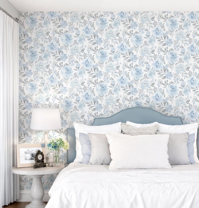 Micpolo Peel and Stick Wallpaper Floral Blue Wall Paper Boho Watercolor Waterproof Wallpaper for Bathroom Laundry Room Removable Self Adhesive Contact Paper Vinyl Roll Shelf 17.3inx78.7in - Image 5
