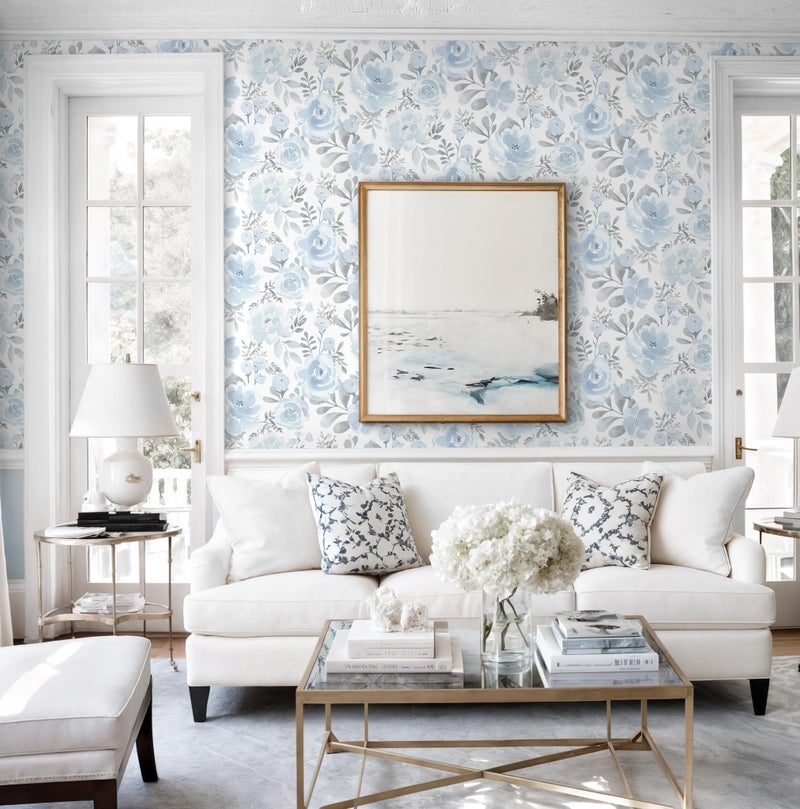 Micpolo Peel and Stick Wallpaper Floral Blue Wall Paper Boho Watercolor Waterproof Wallpaper for Bathroom Laundry Room Removable Self Adhesive Contact Paper Vinyl Roll Shelf 17.3inx78.7in - Image 2