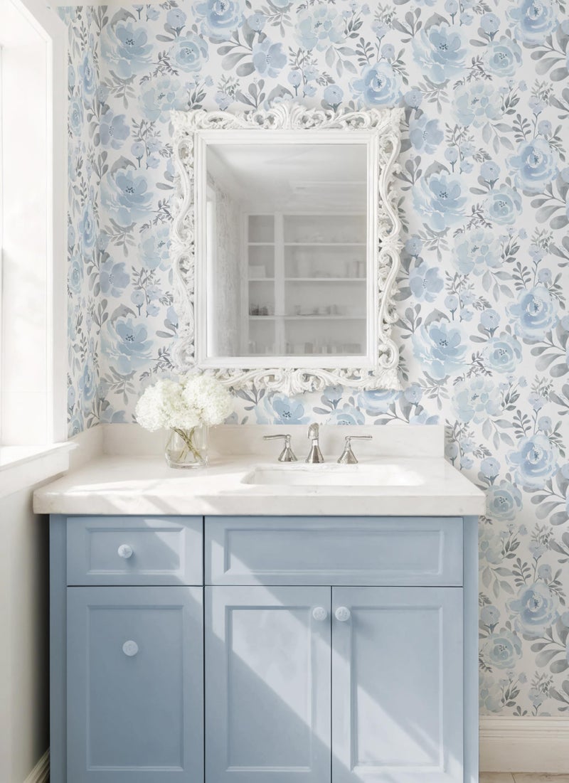 Micpolo Peel and Stick Wallpaper Floral Blue Wall Paper Boho Watercolor Waterproof Wallpaper for Bathroom Laundry Room Removable Self Adhesive Contact Paper Vinyl Roll Shelf 17.3inx78.7in - Image 3