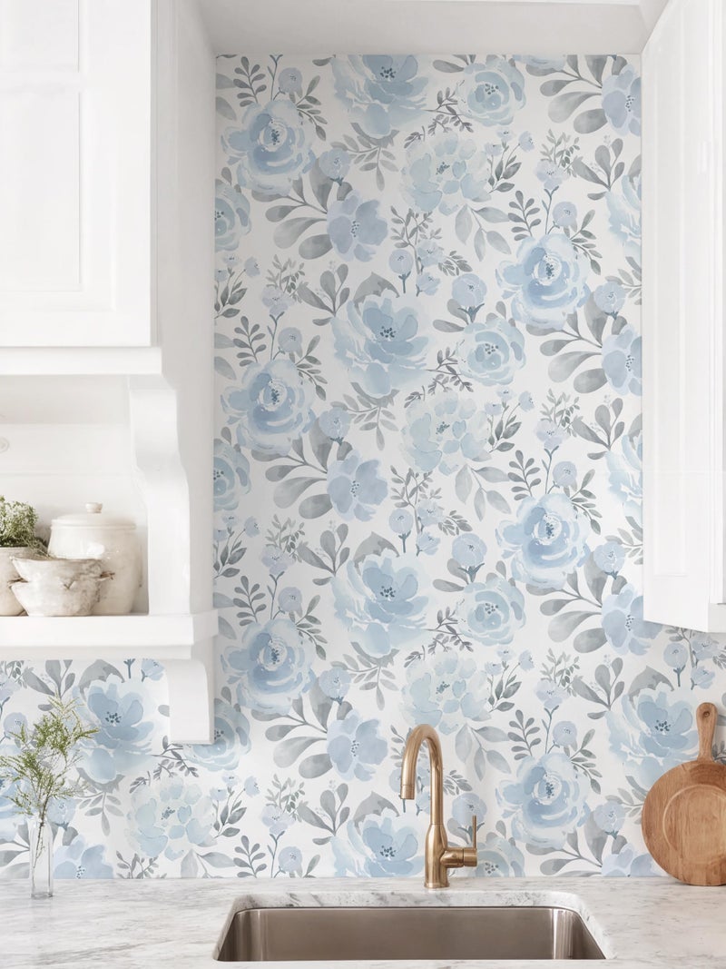Micpolo Peel and Stick Wallpaper Floral Blue Wall Paper Boho Watercolor Waterproof Wallpaper for Bathroom Laundry Room Removable Self Adhesive Contact Paper Vinyl Roll Shelf 17.3inx78.7in - Image 4