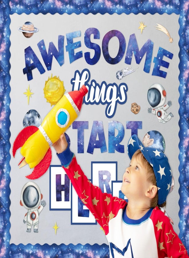 FYSUIMU 52 Pcs Outer Space Bulletin Board Decoration Set Awesome Things Start Here Cutouts Galaxy Inspirational Paper Cutting with Glue Points for Back to School Party Classroom Wall - Image 4