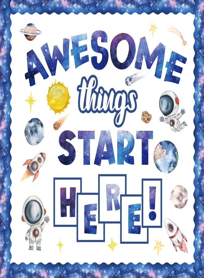 FYSUIMU 52 Pcs Outer Space Bulletin Board Decoration Set Awesome Things Start Here Cutouts Galaxy Inspirational Paper Cutting with Glue Points for Back to School Party Classroom Wall - Image 1