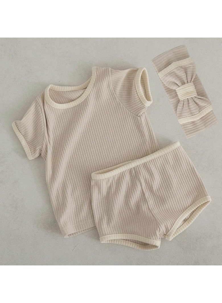 Baby Soft Breathable Cotton Short-Sleeved T-Shirt + Shorts Split + Hairband Apricot Color Three-Piece Set - Image 1