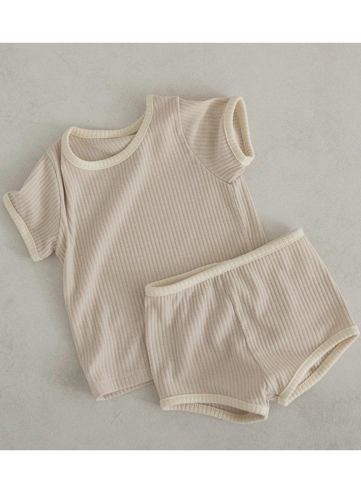 Baby Soft Breathable Cotton Short-Sleeved T-Shirt + Shorts Split + Hairband Apricot Color Three-Piece Set - Image 2