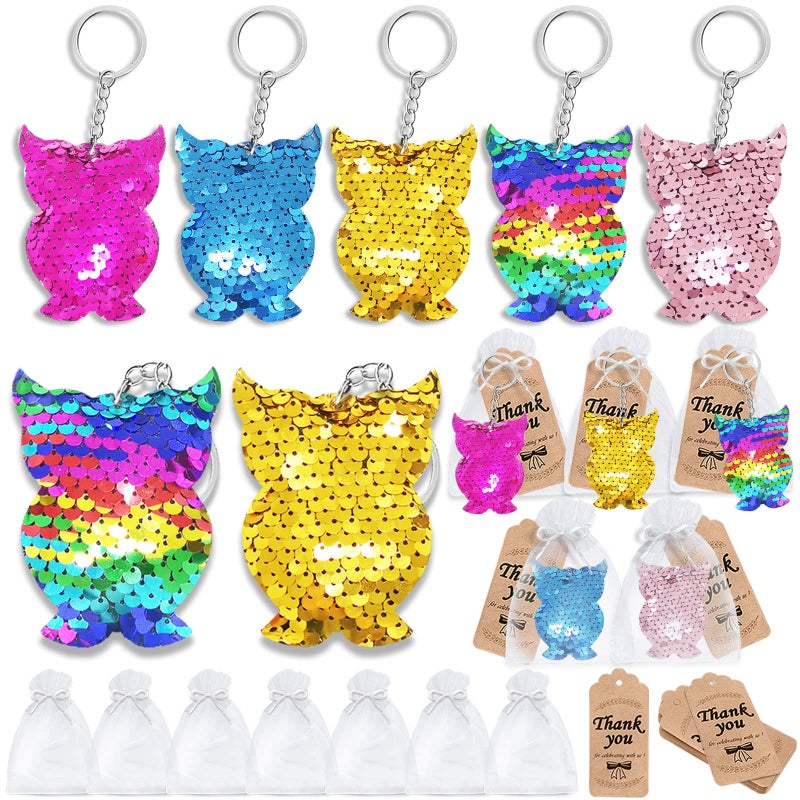 CiciBear 60 Pack Night Owl DoubleDeck Flip Sequin Party Sets with 20 Keychains 20 Thank You Tags and 20 Bags for Forest Animal PartyBirthdayCarnival Goodie Bag Stuffers 5 Colors - Image 2