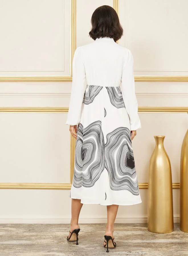 ستايلي Styli Abstract Ring Print Notch Neck A-Line Midi Dress