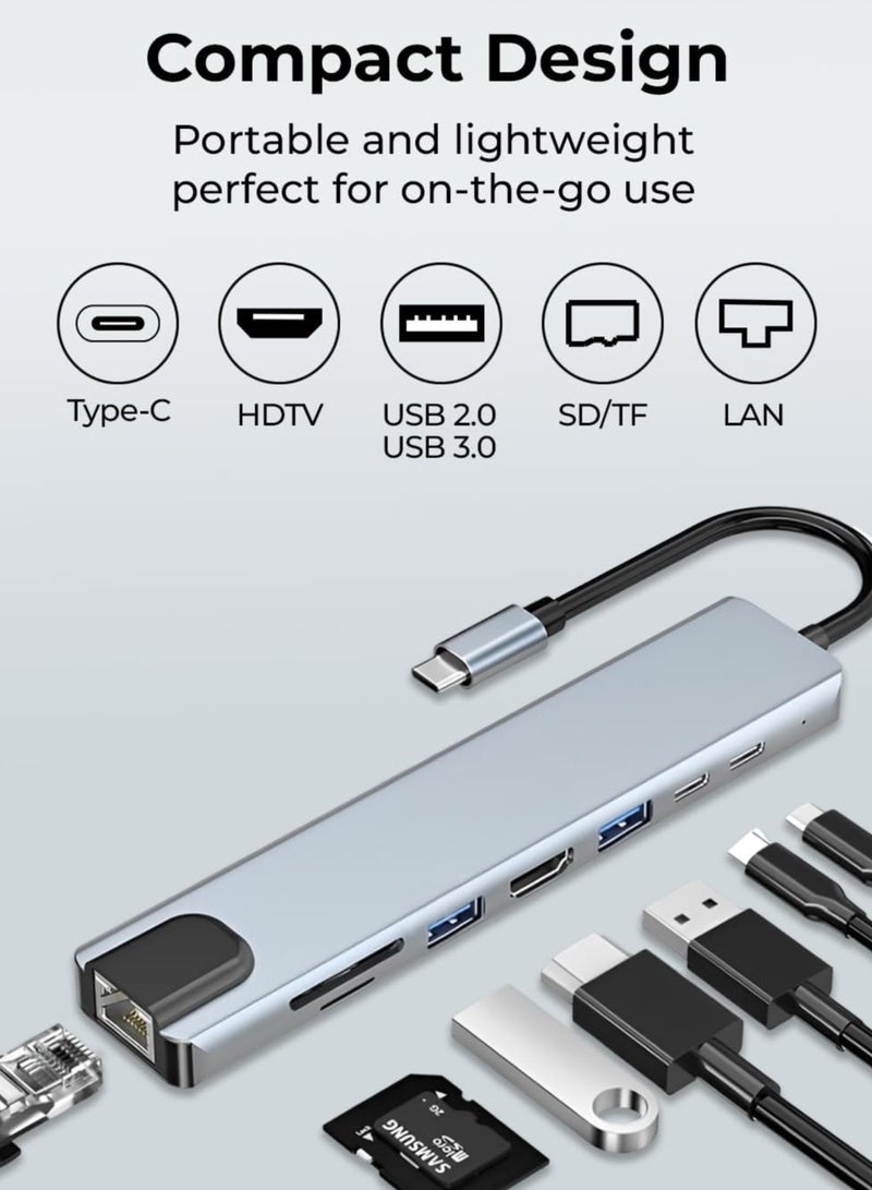 موزع USB-C 8 في 1 - محول متعدد المنافذ مع HDMI بدقة 4K، وشحن سريع PD، وإيثرنت، ومنفذي USB، وقارئ بطاقات SD/TF - متوافق مع أجهزة MacBook Pro وXPS والمزيد من أجهزة USB-C - Image 2