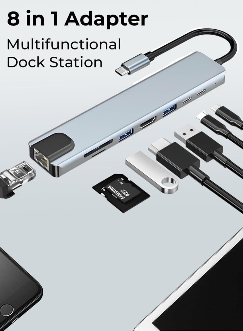 موزع USB-C 8 في 1 - محول متعدد المنافذ مع HDMI بدقة 4K، وشحن سريع PD، وإيثرنت، ومنفذي USB، وقارئ بطاقات SD/TF - متوافق مع أجهزة MacBook Pro وXPS والمزيد من أجهزة USB-C - Image 3