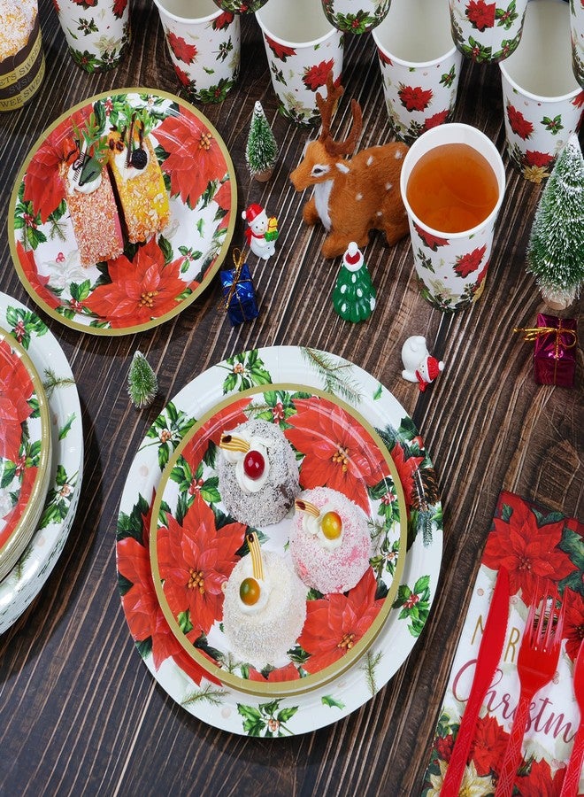 MASHAN Christmas Poinsettia Paper Plates and Napkins Serve 50, Disposable Holiday Flower Party Plates Cups Napkins Set, Red Christmas Tableware Party Supplies Decorations for Xmas Winter Holiday New Year - Image 4