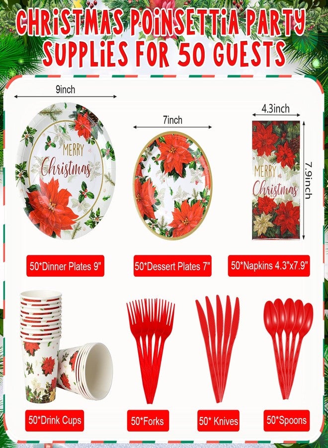 MASHAN Christmas Poinsettia Paper Plates and Napkins Serve 50, Disposable Holiday Flower Party Plates Cups Napkins Set, Red Christmas Tableware Party Supplies Decorations for Xmas Winter Holiday New Year - Image 2