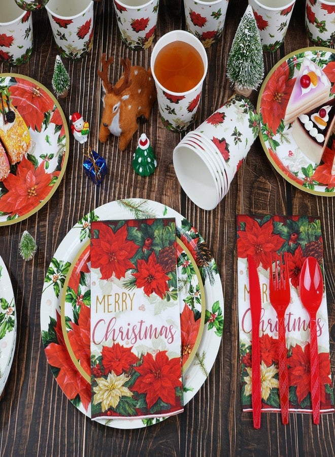 MASHAN Christmas Poinsettia Paper Plates and Napkins Serve 50, Disposable Holiday Flower Party Plates Cups Napkins Set, Red Christmas Tableware Party Supplies Decorations for Xmas Winter Holiday New Year - Image 3