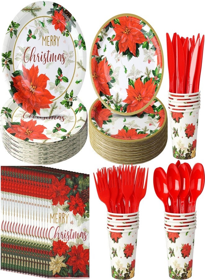 MASHAN Christmas Poinsettia Paper Plates and Napkins Serve 50, Disposable Holiday Flower Party Plates Cups Napkins Set, Red Christmas Tableware Party Supplies Decorations for Xmas Winter Holiday New Year - Image 1
