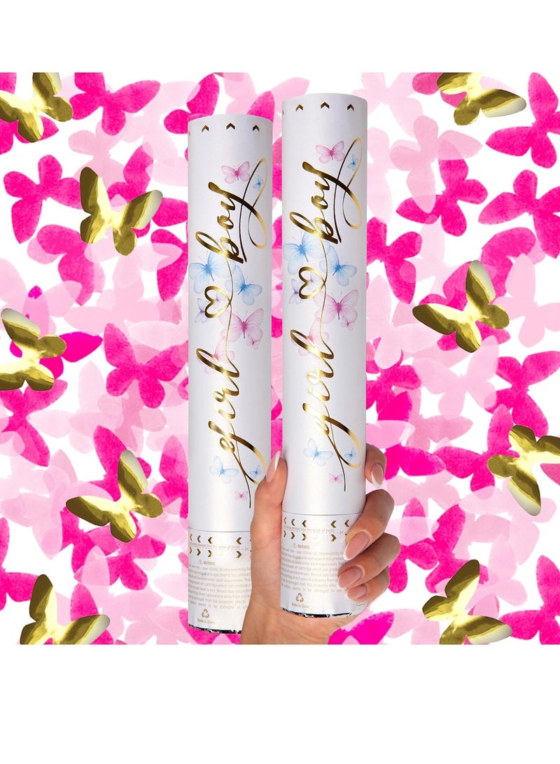 2 Pices Gender Reveal Confetti Cannon Butterfly Confetti Party Poppers Pink Color For Girl - Image 1
