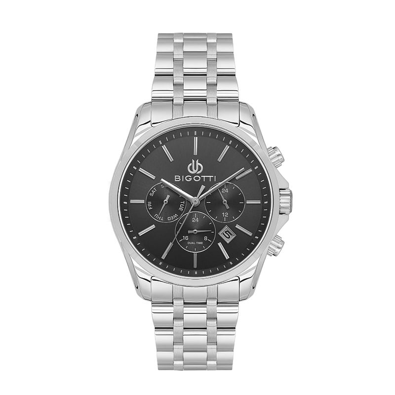 Bigotti Quotidiano Silver Stainless Steel Watch for Men BG.1.10691-1 - Black Sunray Dial, 42mm Case, Japanese Quartz, Day-Date Display, 50M Water Resistant, Mineral Glass - Image 1