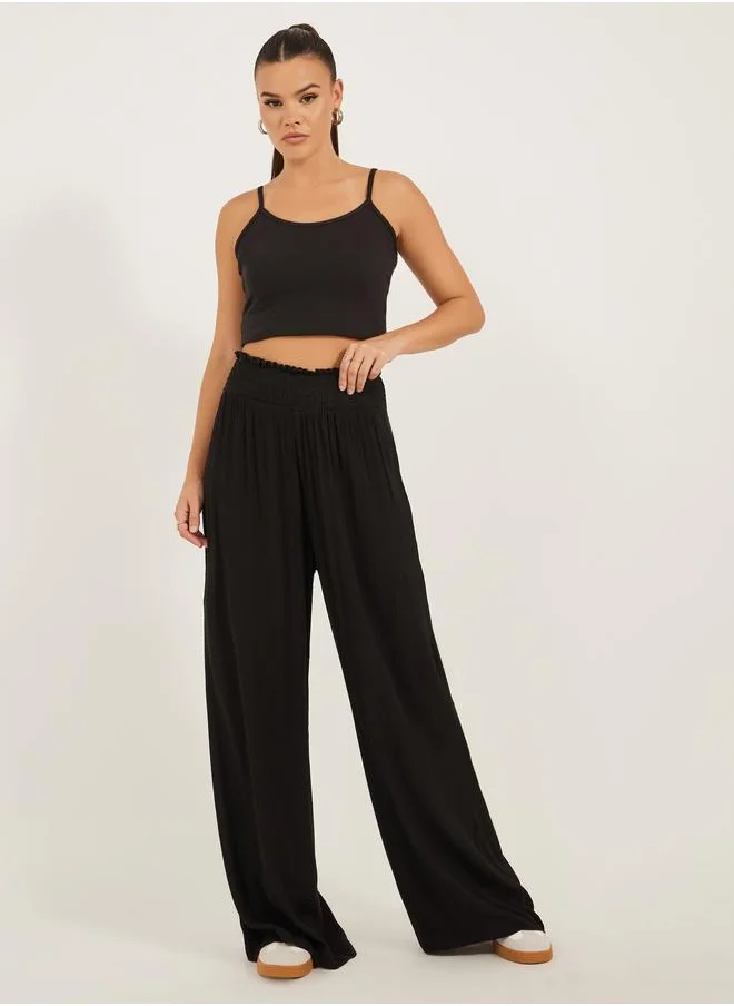 ستايلي Styli High Rise Smocked Waistband Wide Leg Pants
