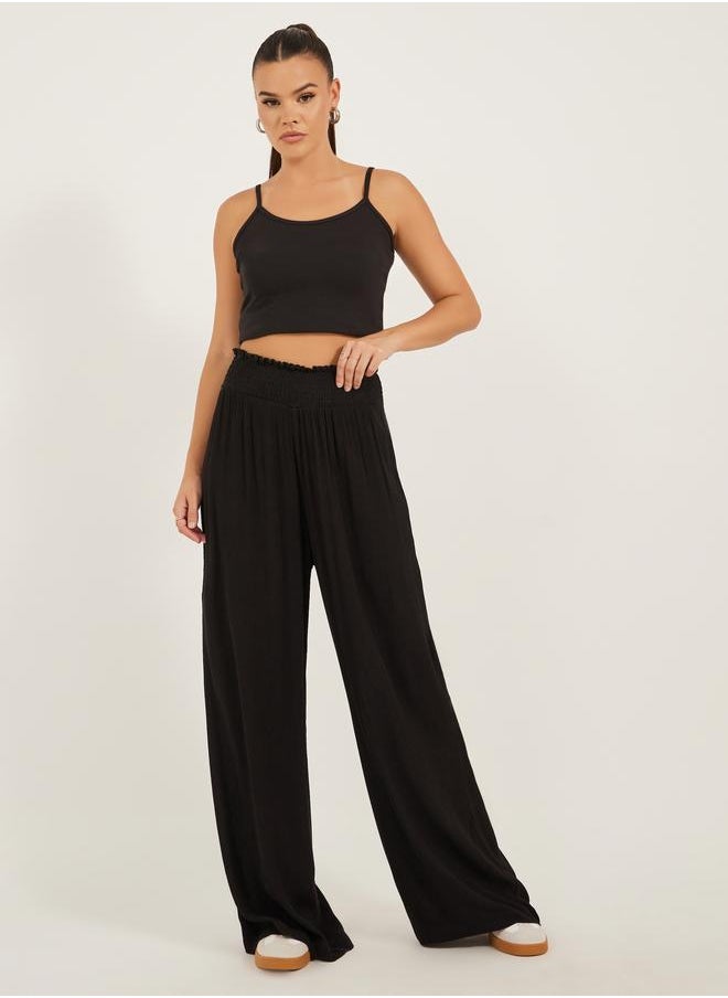 Styli Styli High Rise Smocked Waistband Wide Leg Pants  - Image 2