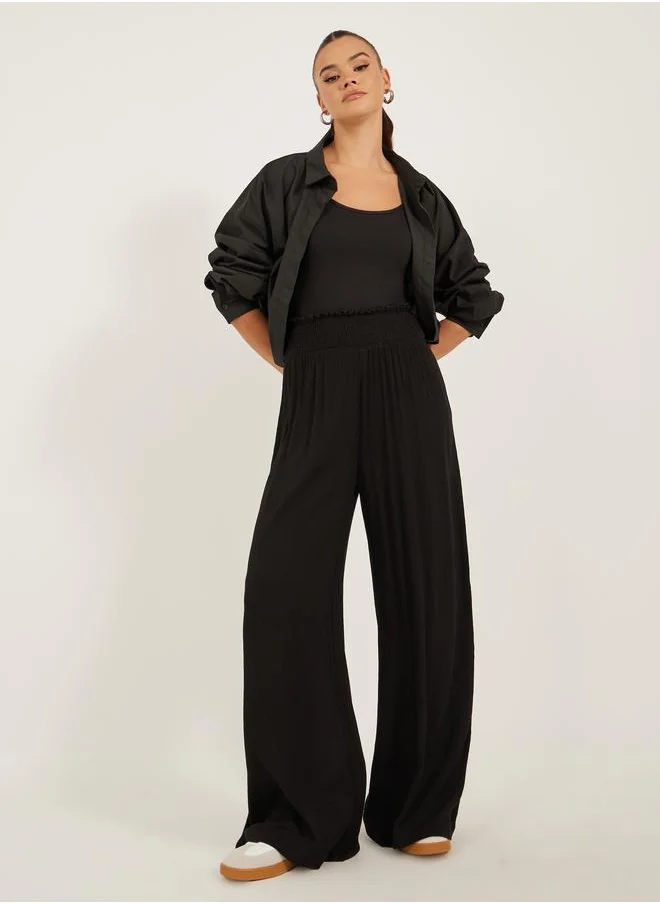 ستايلي Styli High Rise Smocked Waistband Wide Leg Pants