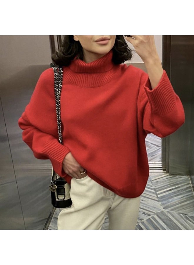 NIBEMINENT Women's  Autumn Winter Solid Color Turtleneck Knit Pullover Sweater Trendy Loose Fit Minimalist Fashion Casual Top