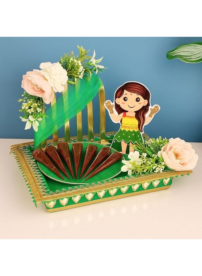 Satyam Kraft SATYAM KRAFT 1 Pcs Mehndi Handcrafted Platter Thali | Decorative Wedding Mehendi Plate for Bride, Bridesmaid, Dulhan | Handmade Tray for Shaadi, Haldi, Sangeet, Engagement, Trousseau & Decor (Green) - Image 3