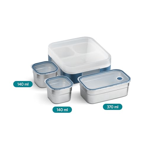 VAYA Tydbyt Lunch Box for Kids Boys, 650 ml, Steel Tiffin Box for Office with 3 Stainless Steel Containers & Lids, Organized Meals with No Mix-Ups, School Ready Bento Box, Blue - Image 3