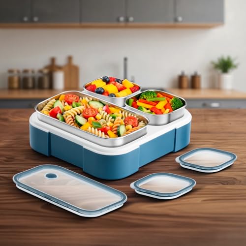VAYA Tydbyt Lunch Box for Kids Boys, 650 ml, Steel Tiffin Box for Office with 3 Stainless Steel Containers & Lids, Organized Meals with No Mix-Ups, School Ready Bento Box, Blue - Image 2