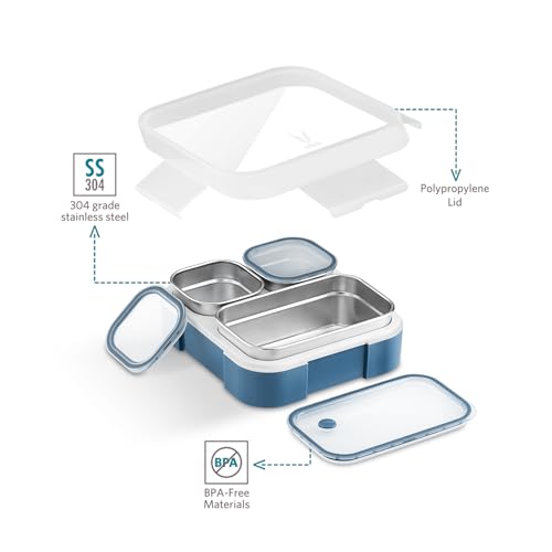 VAYA Tydbyt Lunch Box for Kids Boys, 650 ml, Steel Tiffin Box for Office with 3 Stainless Steel Containers & Lids, Organized Meals with No Mix-Ups, School Ready Bento Box, Blue - Image 4