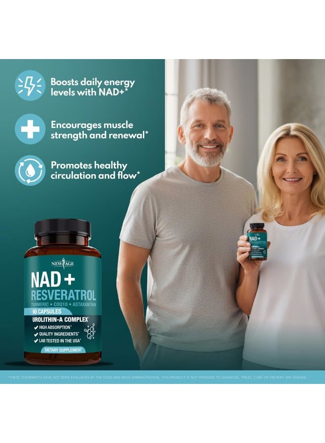 New Age مكمل NAD+ المعقد – NAD+ 300 ملغ مع أستازانتين، يوروليثين A، ريسفيراترول، CoQ10 ومزيج مضادات الأكسدة – طاقة خلوية، دعم الميتوكوندريا للنساء والرجال – نباتي، غير معدل وراثيًا - 120 حبة - Image 3