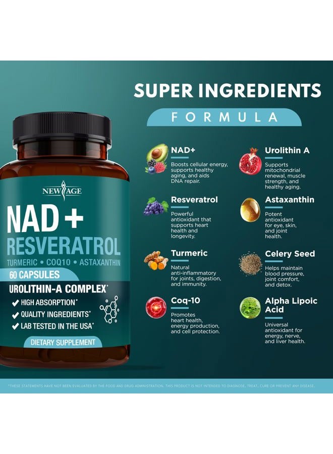 New Age مكمل NAD+ المعقد – NAD+ 300 ملغ مع أستازانتين، يوروليثين A، ريسفيراترول، CoQ10 ومزيج مضادات الأكسدة – طاقة خلوية، دعم الميتوكوندريا للنساء والرجال – نباتي، غير معدل وراثيًا - 120 حبة - Image 2